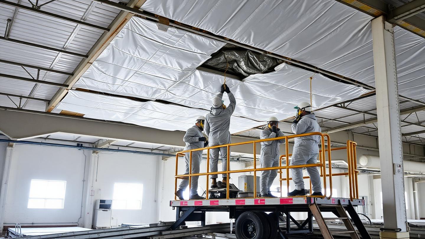 Equipo de remoción de asbesto en nave industrial con equipo de protección