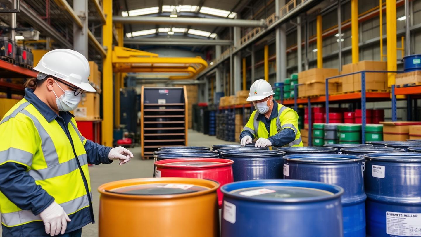 Técnicos gestionando tambores de residuos peligrosos en almacén industrial